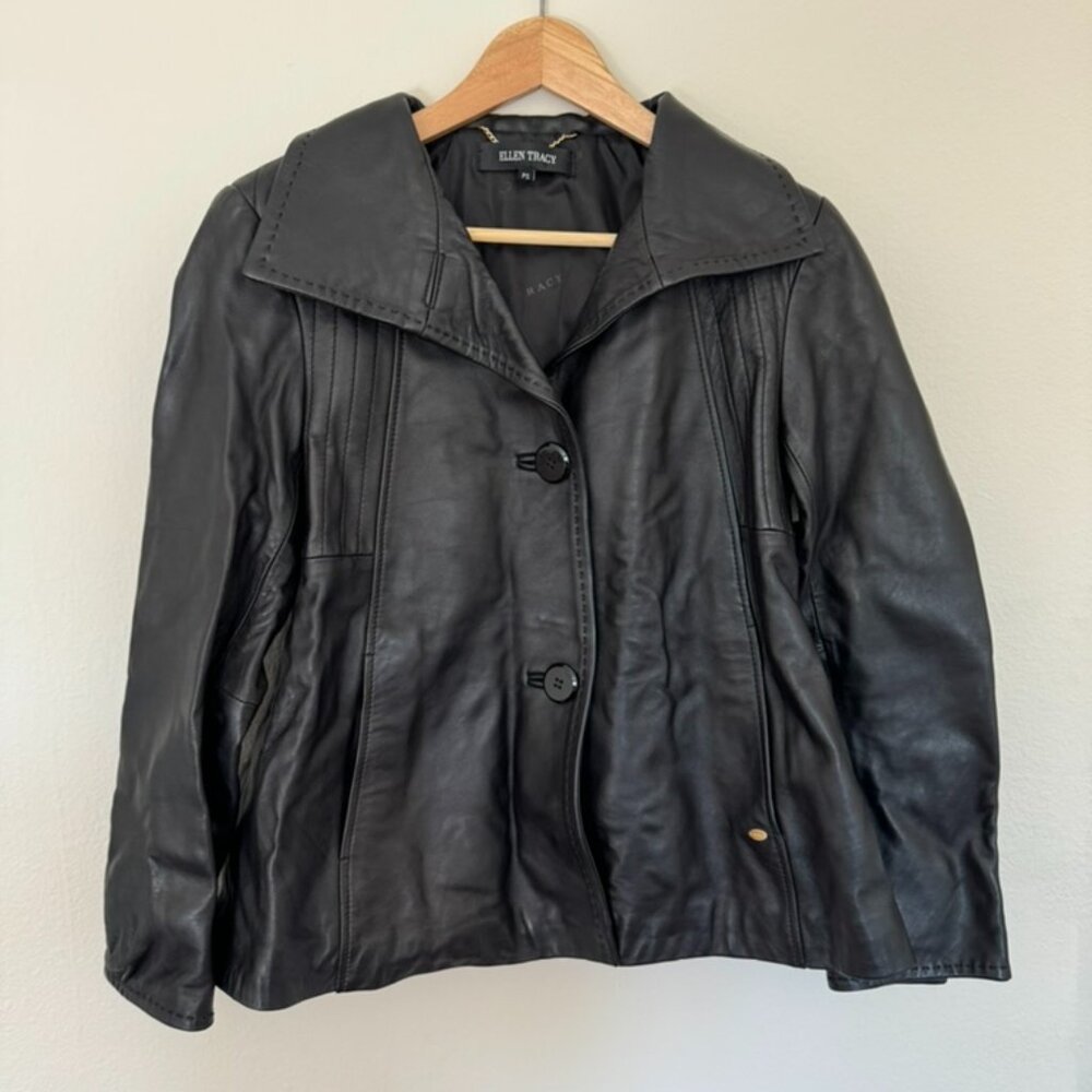 ELLEN TRACY Button Front Black Leather Jacket Women's Size Petite Small